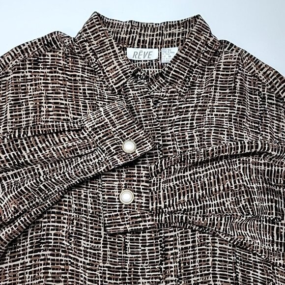 Vintage Reve Women's 100% Silk Button Front Blouse Size Medium Black Brown - Picture 1 of 10